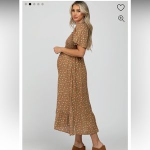 PinkBlush Camel Floral Smocked Square Neck Maternity Midi Dres